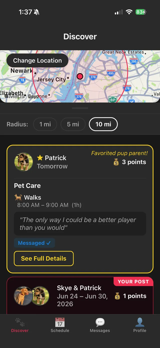 WatchDog app Discover screen showing nearby dog care posts on a neighborhood map